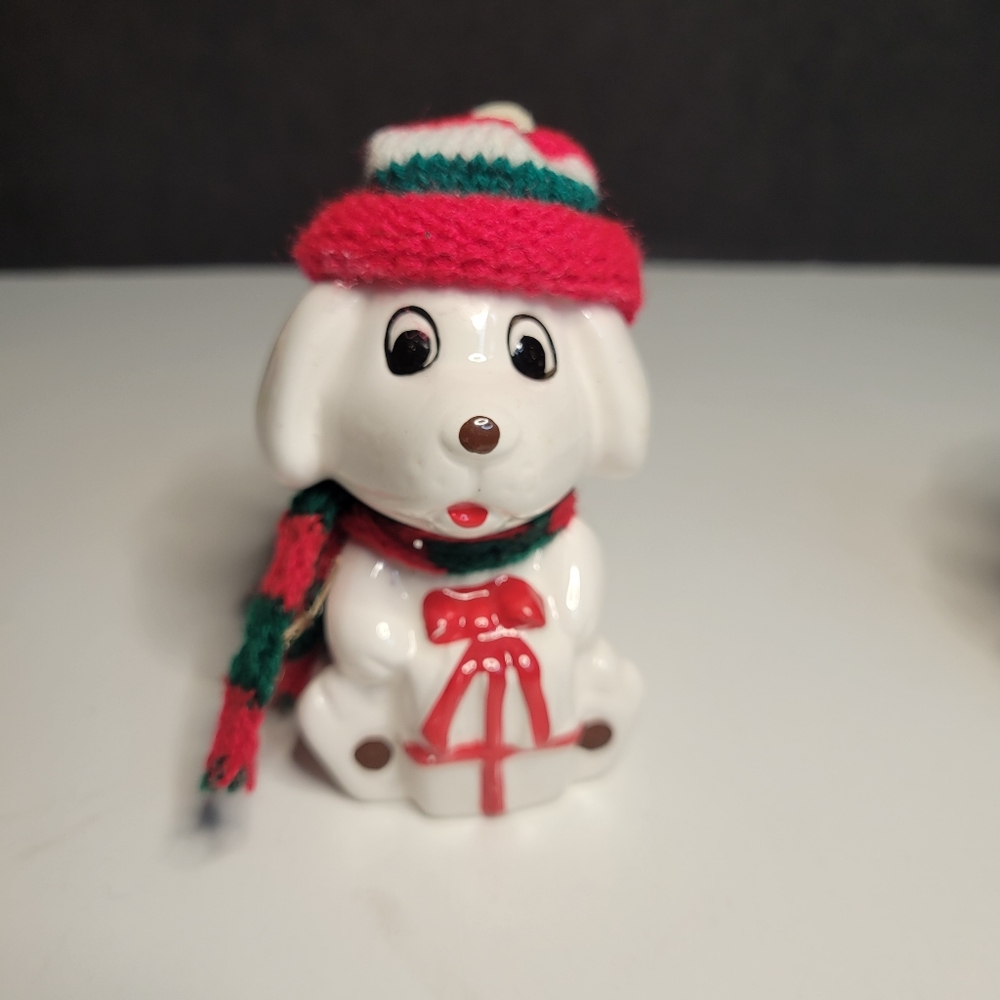VTG 90s Christmas Dog Present Ornament Kitschy Figurine Knit Hat Scarf Ceramic